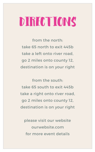 Our Bright Lettering Direction Cards utilize the same gorgeous design and color scheme as several other cards in the Bright Lettering wedding suite.