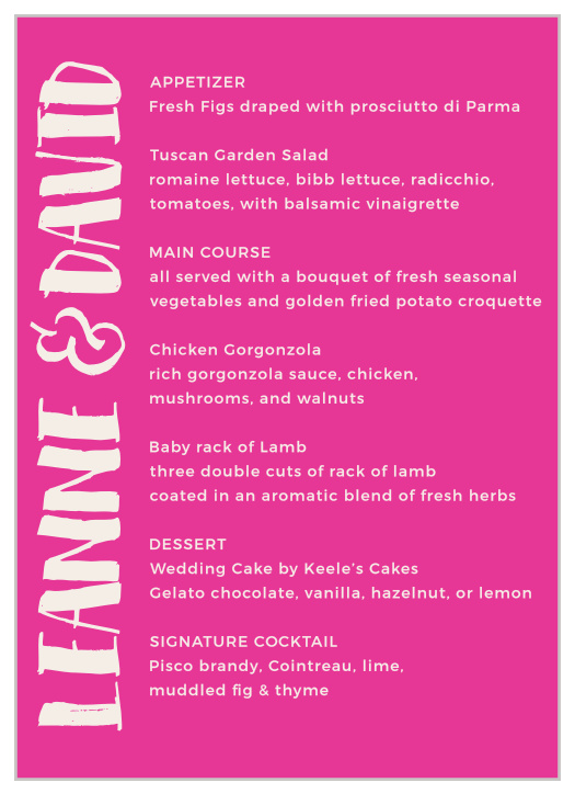 Our Bright Lettering Wedding Menus utilize the same gorgeous design and color scheme as several other cards in the Bright Lettering wedding suite.