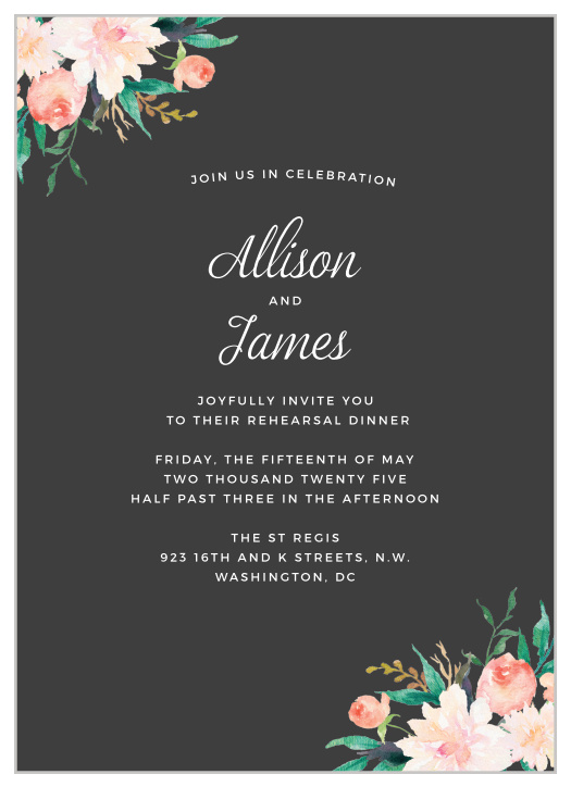Our Blossoming Love Rehearsal Dinner Invitations feature gorgeous blooms in opposing corners, a carefully written calligraphy, and a classic print.