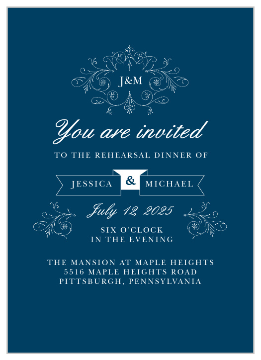 The Sweet Antiquity Rehearsal Dinner Invitations are simple in coloring and ornate in design.