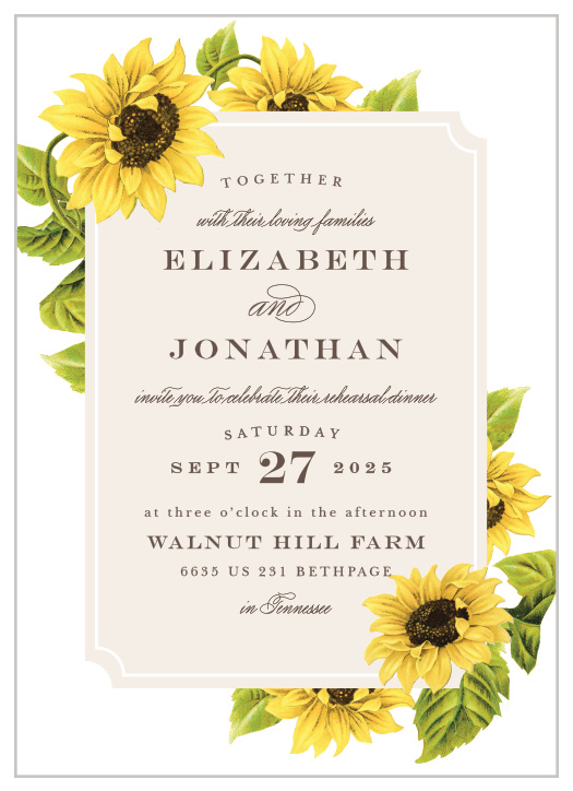Our gorgeous Sunflower Frame Rehearsal Dinner Invitations are perfect for gathering your friends and family together for a wedding test run.