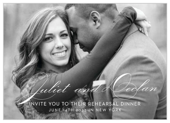 Our stunning Classic Script Photo Rehearsal Dinner Invitations feature elegant swirls and neat, classic look of an easy-to-read print.