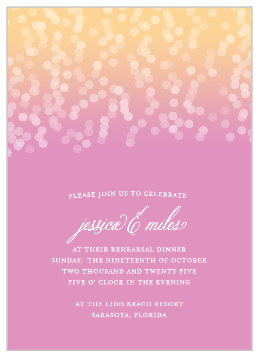 Invite friends and family to celebrate your upcoming rehearsal with the Confetti Ombre Rehearsal Dinner Invitations.