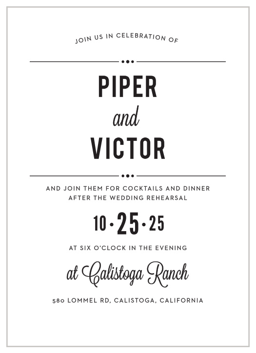 Add a bit of dramatic flair to your event with the Perennial Playbill Rehearsal Dinner Invitation.