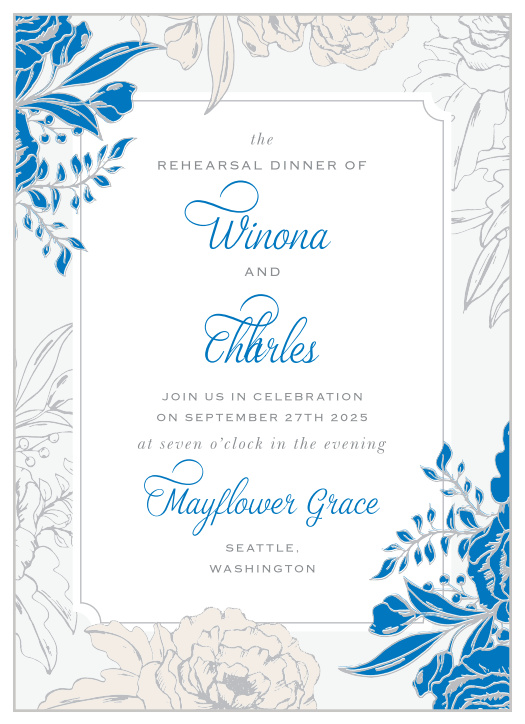 Our Peony Draped Rehearsal Dinner Invitations are perfect for gathering your friends and family together for a wedding test run.