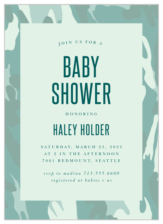 The best part about this camo invite is that it can be for a boy or girl, you can customize the colors of this invite to match accordingly with your baby shower theme.