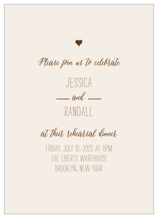 Our rustic Drawn Together Rehearsal Dinner Invitations features a gorgeous mix of hand drawn style fonts and a simple heart embellishment at the top.
