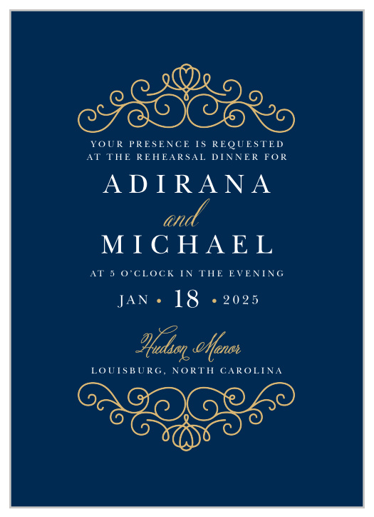Rich navy and beautiful real gold or silver foil come together to make the beautiful Royal Scrolls Rehearsal Dinner Invitation.