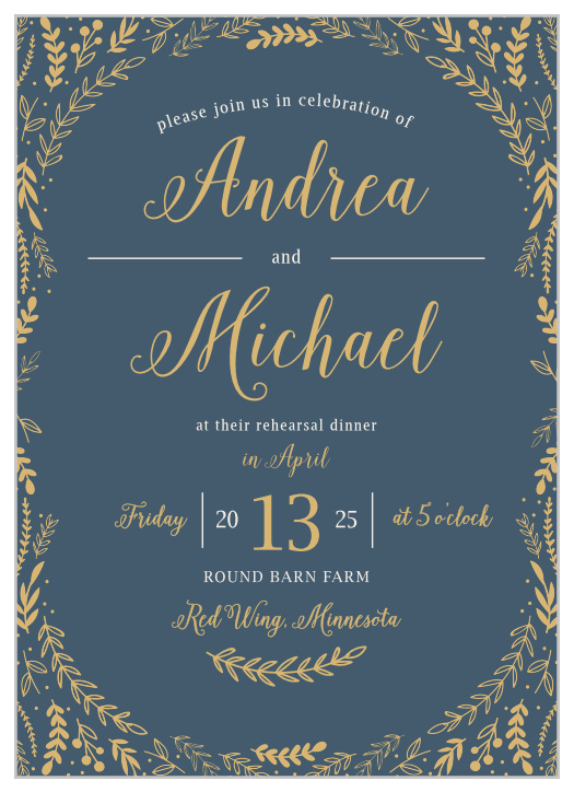 Whimsical greenery surrounds your text on the Romantic Evergreen Rehearsal Dinner Invitations.