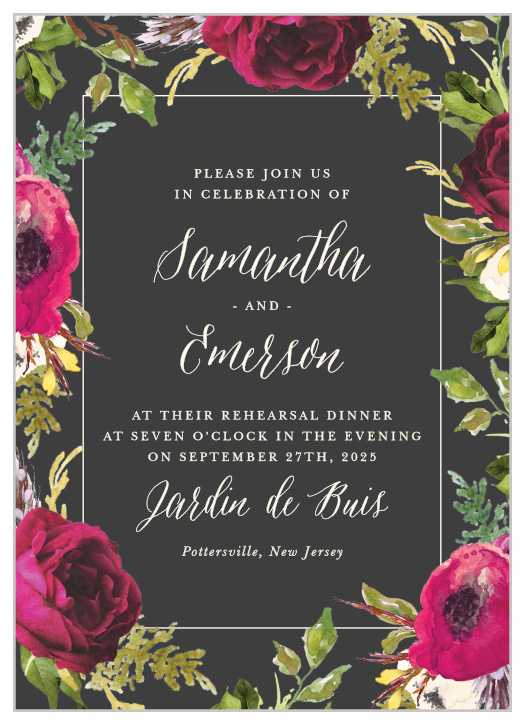A stormy grey background is contrasted by bright vintage blooms framing the Garden Romance Rehearsal Dinner Invitations.