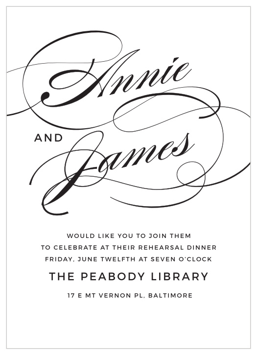 Our Swirling Simplicity Rehearsal Dinner Invitations are perfect for gathering your friends and family together for a wedding test run.