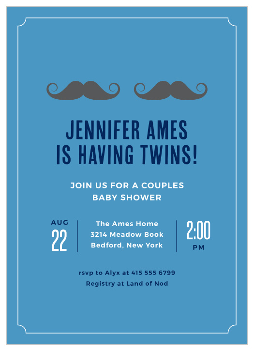 Having twins is exciting news, let the world know with this adorable mustache invitation!