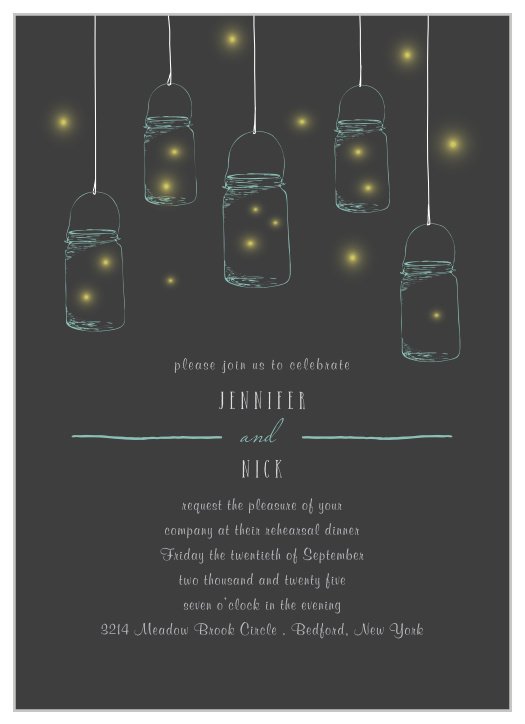 Our Mason Jars & Fireflies Rehearsal Dinner Invitations are perfect for gathering your friends and family together for a wedding test run.