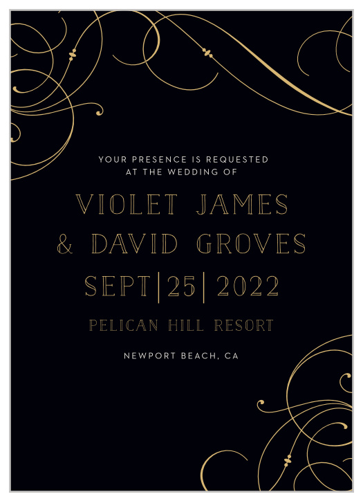 Large, flowing swirls glide gracefully across the edges of our Shining Swirls Wedding Invitations.