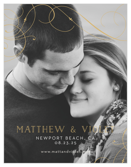 Large, flowing swirls glide gracefully across the top of your engagement photo for our Shining Swirls Save-the-Date Magnets.