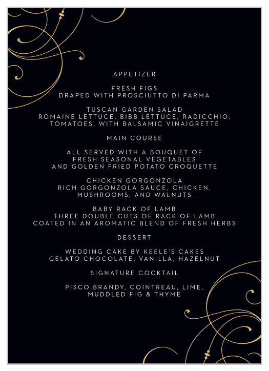 Large, flowing swirls adorn the Shining Swirls Wedding Menus.