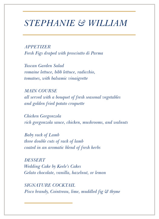 Our Stacked Italic Wedding Menus utilize the same gorgeous design and color scheme as several other cards in the Stacked Italic wedding suite.