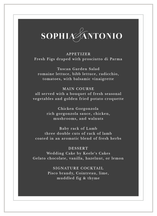 Our Framed Forever Wedding Menus utilize the same gorgeous design and color scheme as several other cards in the Framed Forever wedding suite.