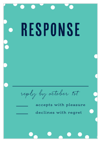 Be fully prepared by tallying up every single guest with our Color Pop Response Cards. An easy-on-the-eyes teal decorates the background of the card, setting up a perfect contrast for the deep blue text and white confetti that adorns the rest.