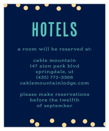 Ensure that your guests are as comfortable as possible with our Color Pop Accommodation Cards. Featuring the same gorgeous blues and yellows that adorn the rest of the Color Pop wedding suite, these cards are just as easy to love as they are easy to read.