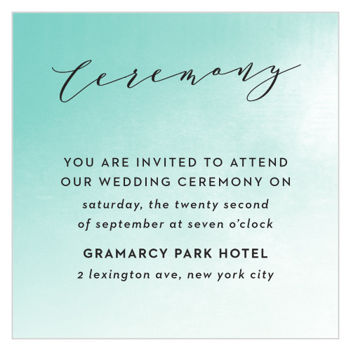 Our Ocean Spray Ceremony Cards utilize the same gorgeous design and color scheme as several other cards in the Ocean Spray wedding suite.