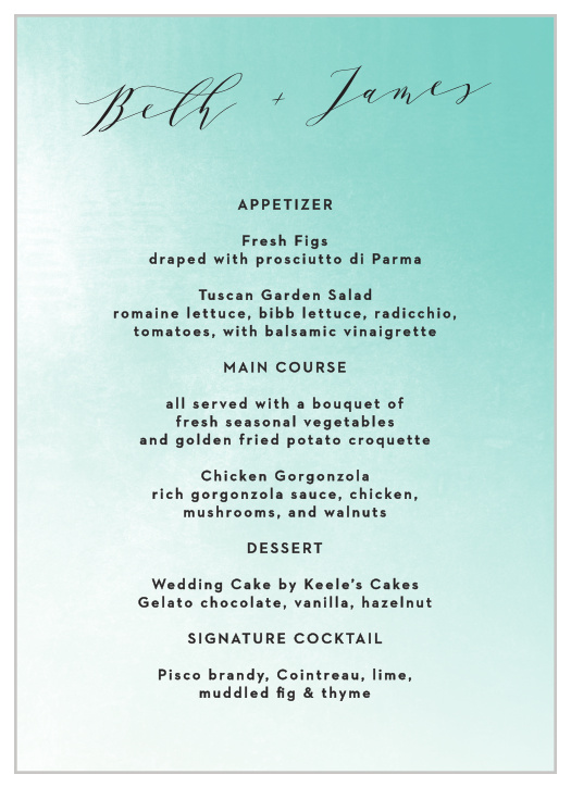 Our Ocean Spray Wedding Menus utilize the same gorgeous design and color scheme as several other cards in the Ocean Spray wedding suite.