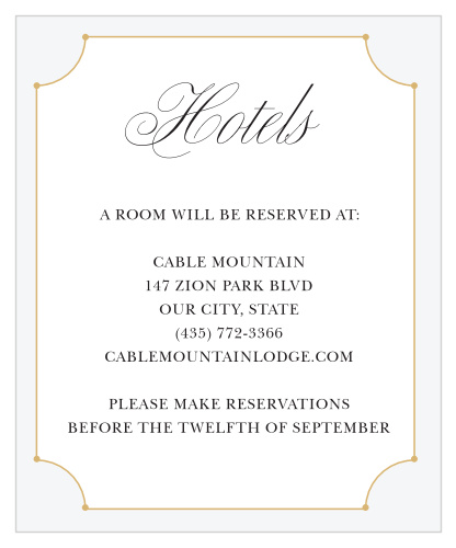 Our New Deco Frame Accommodation Cards feature an ecru grey frame, decorated by a gold foiled outline.