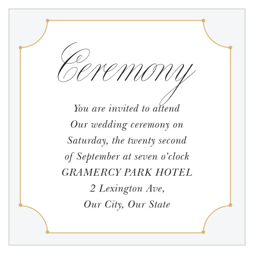 Our New Deco Frame Ceremony Cards feature an ecru grey frame, decorated by a gold foiled outline. 