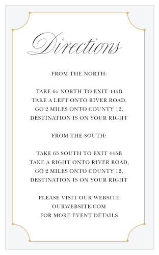 Our New Deco Frame Direction Cards feature an ecru grey frame, decorated by a gold foiled outline.