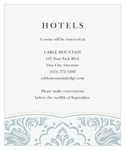 Let your out-of-town guests know where they will be staying when they aren't celebrating, using our Timeless Damask Accommodation Cards!