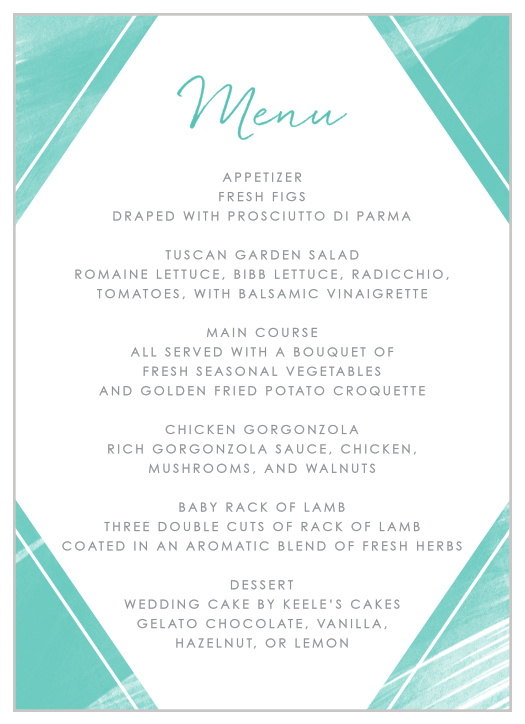 Describe your wedding's meal choices in mouthwatering detail using our Ocean Watercolor Wedding Menus.