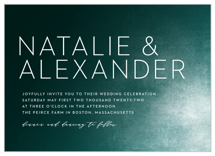 Featuring the tell-tale reflection of the noonday sun on the ocean's surface as its background, our gorgeous Modern Ombre Wedding Invitations give you the opportunity to detail your wedding details in a stunning white print and sprawling calligraphy.