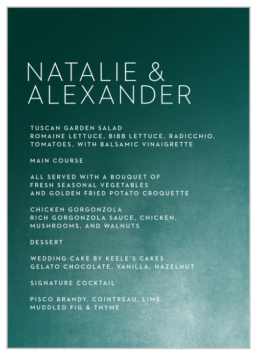 Describe your guests' meal choices in mouthwatering detail with our Modern Ombre Wedding Menus.