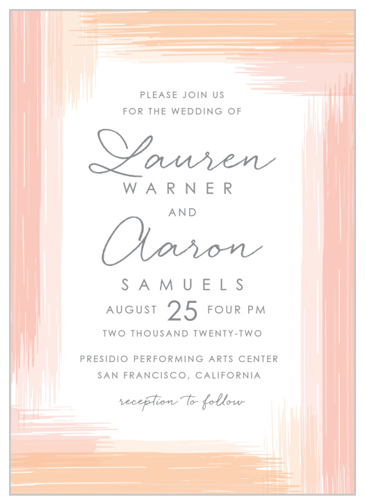 Our stunning Artful Gallery Wedding Invitations are covered in swatches of peach and papaya paint, creating a border around the card like a coastal sunset.