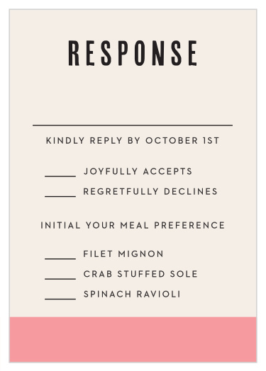 Our Color Block Response Cards give you the opportunity to tally up all of your guests, as well as their individualized needs.