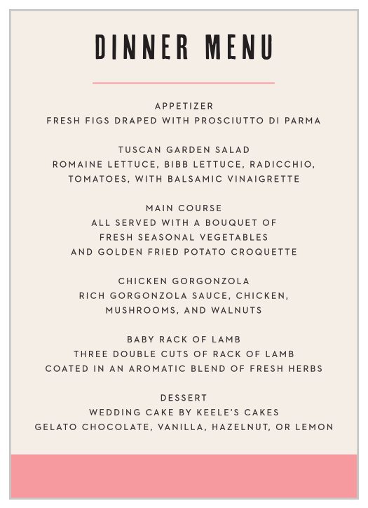 No matter what you’re serving, make your guests’ mouths water with our Color Block Wedding Menus.