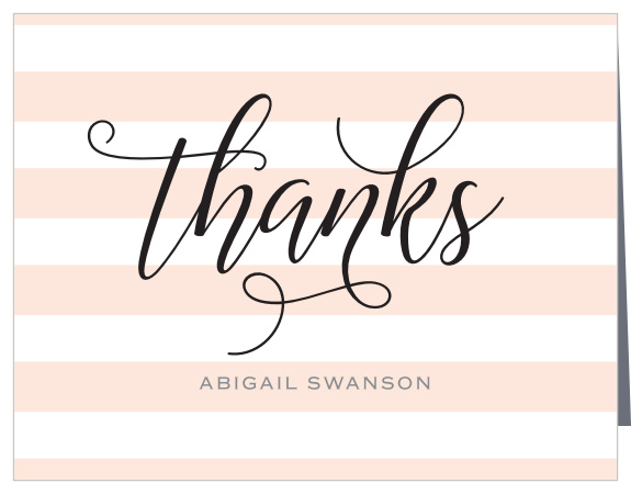 Our Lovely Bride Bridal Shower Thank You Cards feature soft pink stripes and bold, flourishing calligraphy.