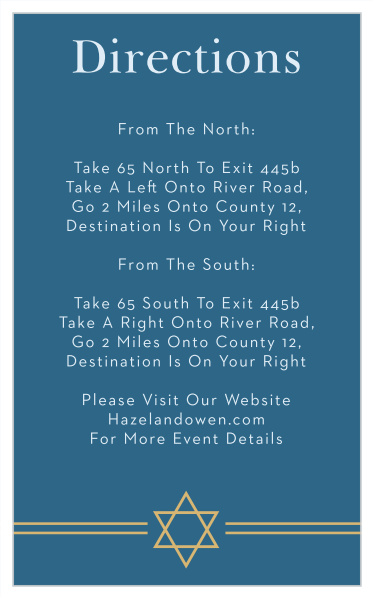 Our Cutting Edge Bar Mitzvah Direction Cards utilize the same gorgeous design and color scheme as several other cards in the Cutting Edge mitzvah suite.