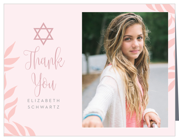 Our Enchanted Leaves Bat Mitzvah Thank You Cards utilize the same gorgeous design and color scheme as several other cards in the Enchanted Leaves mitzvah suite.