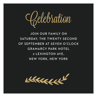 Our Gilded Vine Bat Mitzvah Reception Cards utilize the same gorgeous design and color scheme as several other cards in the Gilded Vine mitzvah suite.