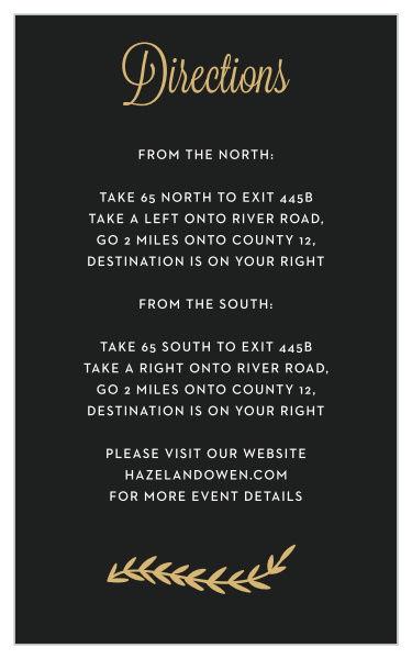 Our Gilded Vine Bat Mitzvah Direction Cards utilize the same gorgeous design and color scheme as several other cards in the Gilded Vine mitzvah suite