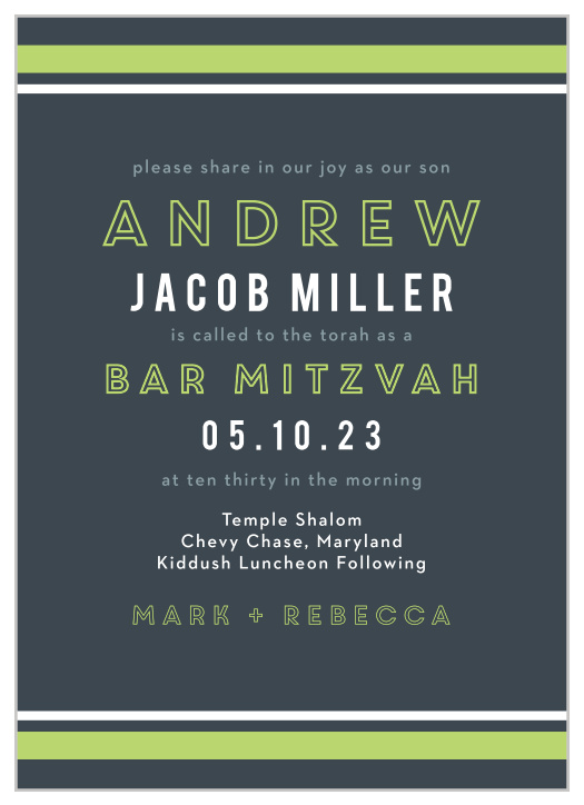 Our gorgeous Contemporary Lines Bar Mitzvah Invitations are irresistibly modern- both in style and simplicity.