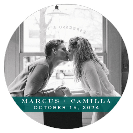 Choose a gorgeous photo to serve as the backdrop for our Sheer Ribbon Coaster, then use the deep blue-green banner and white print to write out your names and wedding date, creating a coaster that's a fantastical memento for the years to come. 