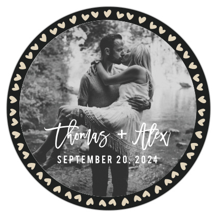 Our Surrounded by Love Coasters feature a stunning circle of hearts along the exterior of the card, as well as a script for your names that swirls across your choice of photo.