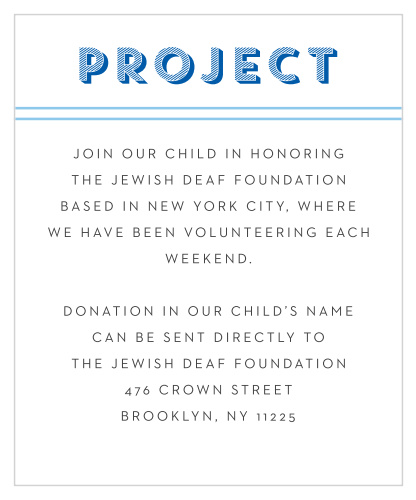Pick a project and inform your guests with our Big Name Bar Mitzvah Project Cards.