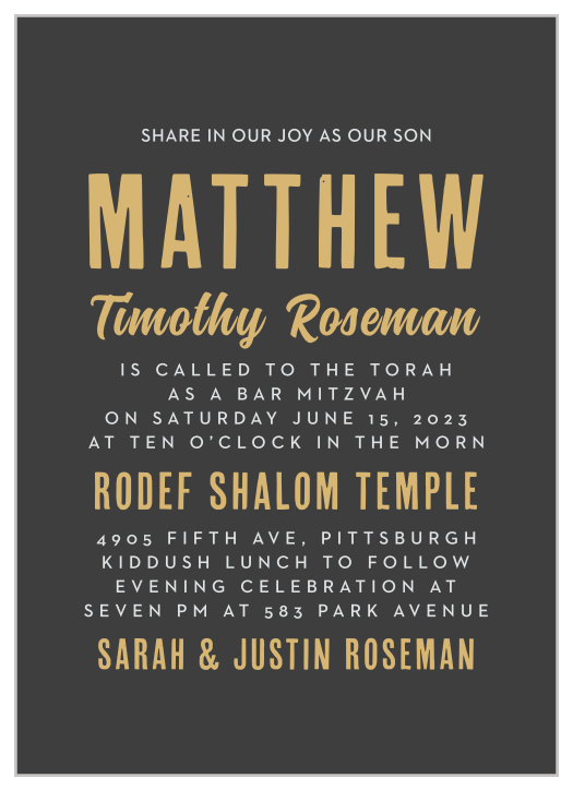 Celebrate one of the most important moments of his life- coming of age- with our stunning Modern Star Bat Mitzvah Invitations.