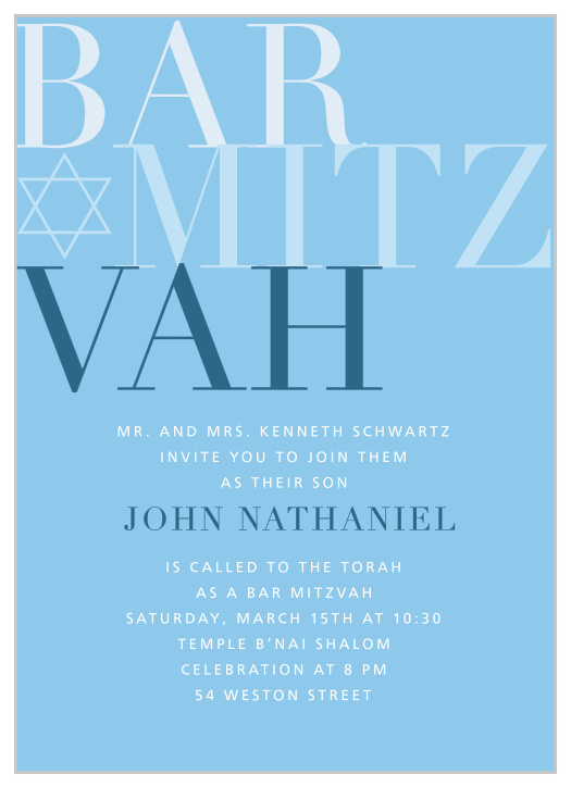 Celebrate one of the most important moments of his life- coming of age- with our stunning Bold Mitzvah Bar Mitzvah Invitations.