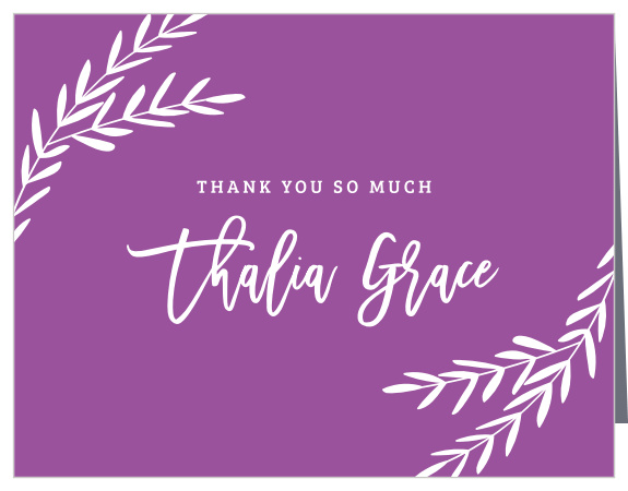 Our Elegant Vineyard Bat Mitzvah Thank You Cards utilize the same gorgeous design and color scheme as several other cards in the Elegant Vineyard mitzvah suite.