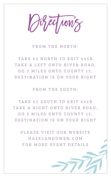 Our Elegant Vineyard Bat Mitzvah Direction Cards utilize the same gorgeous design and color scheme as several other cards in the Elegant Vineyard mitzvah suite.