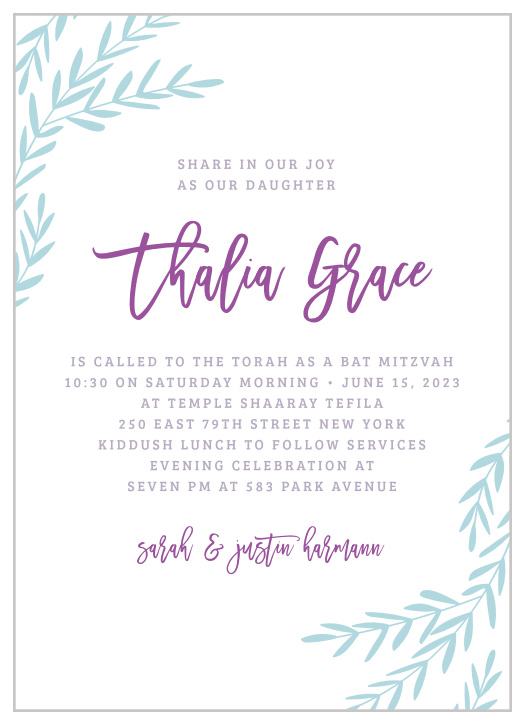 Celebrate one of the most important moments of her life- coming of age- with our stunning Elegant Vineyard Bat Mitzvah Invitations.